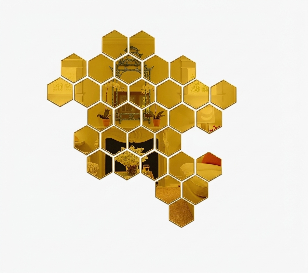 30-Piece Golden Hexagon Mirror Wall Sticker Set – DIY Geometric Acrylic Wall
