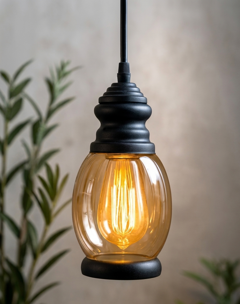 Industrial Vintage Amber Glass Pendant Light