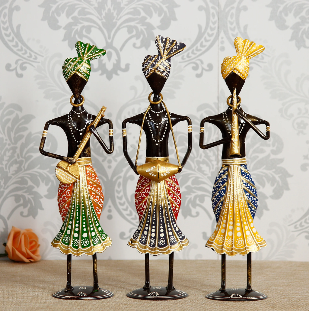 Handcrafted Rajasthani Iron Musician Set of 3 – Traditional Turbaned Folk Singers (13 Inch, Multicolor)