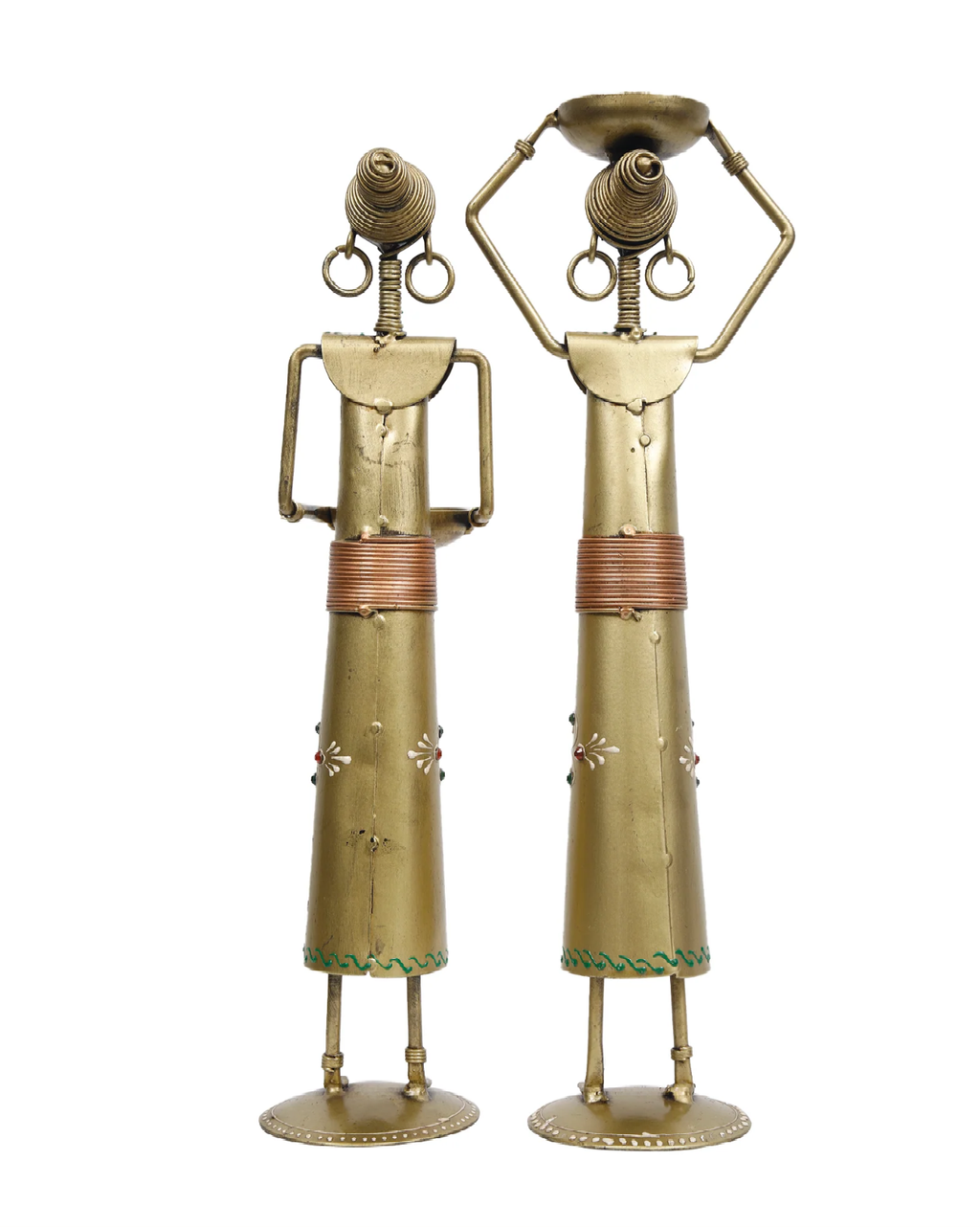 Title: Handcrafted Iron Tribal Lady Statues with Diya Holders (Set of 2) – 11-Inch Rustic Metal Home Decor