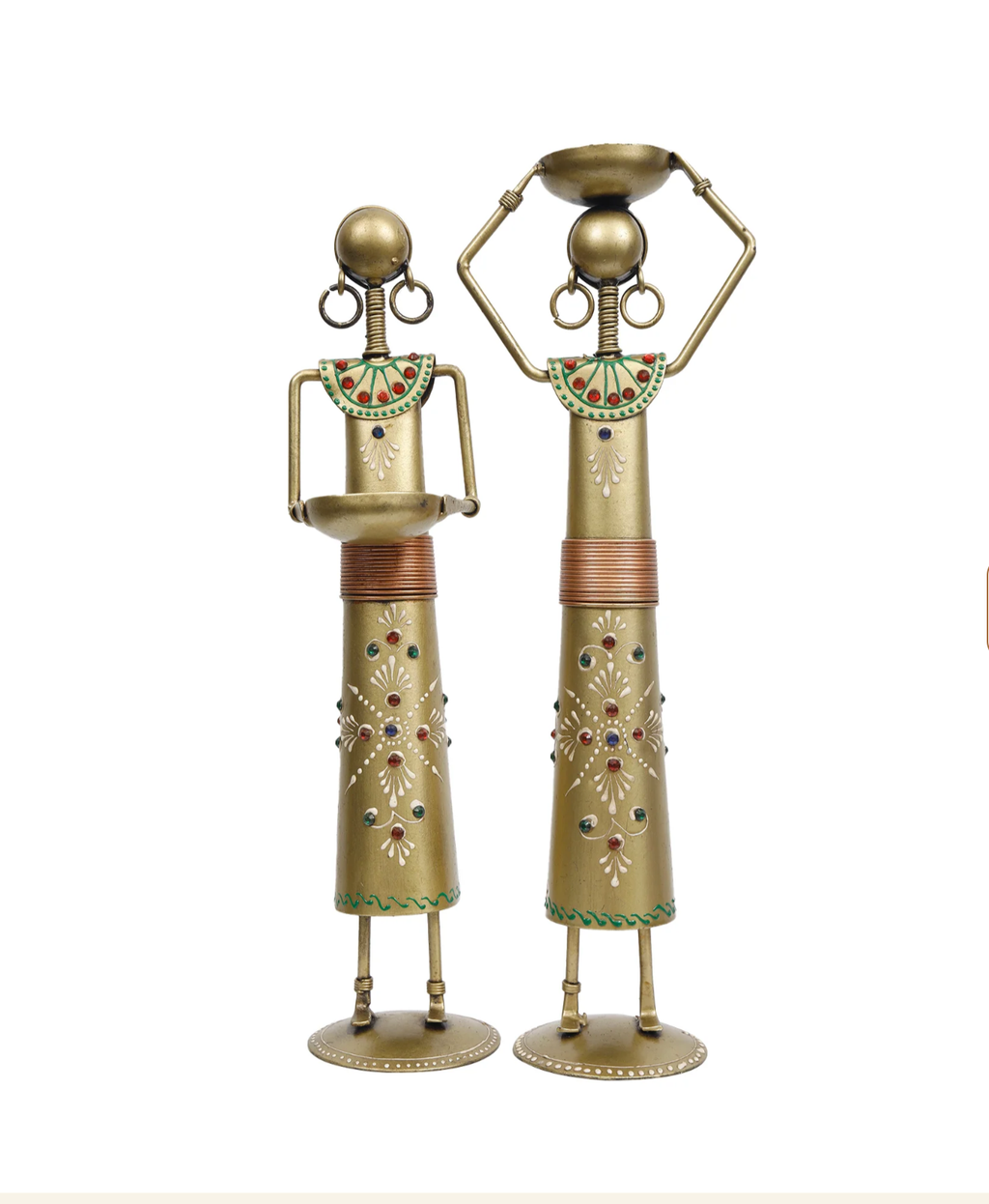 Title: Handcrafted Iron Tribal Lady Statues with Diya Holders (Set of 2) – 11-Inch Rustic Metal Home Decor