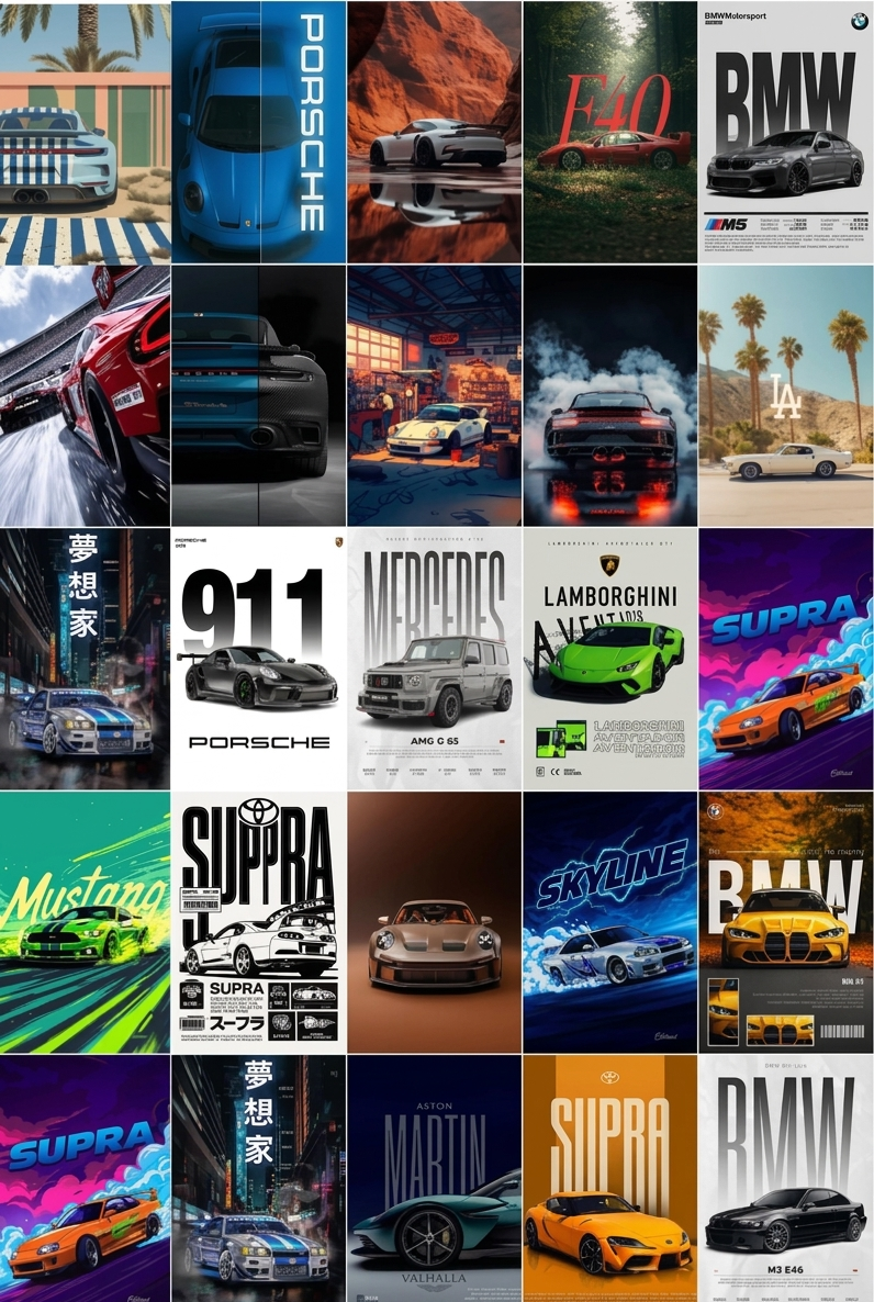 24-Piece Premium Car Poster Collection - A6 Size High-Gloss Mini Prints for Room Decor & Wall Art