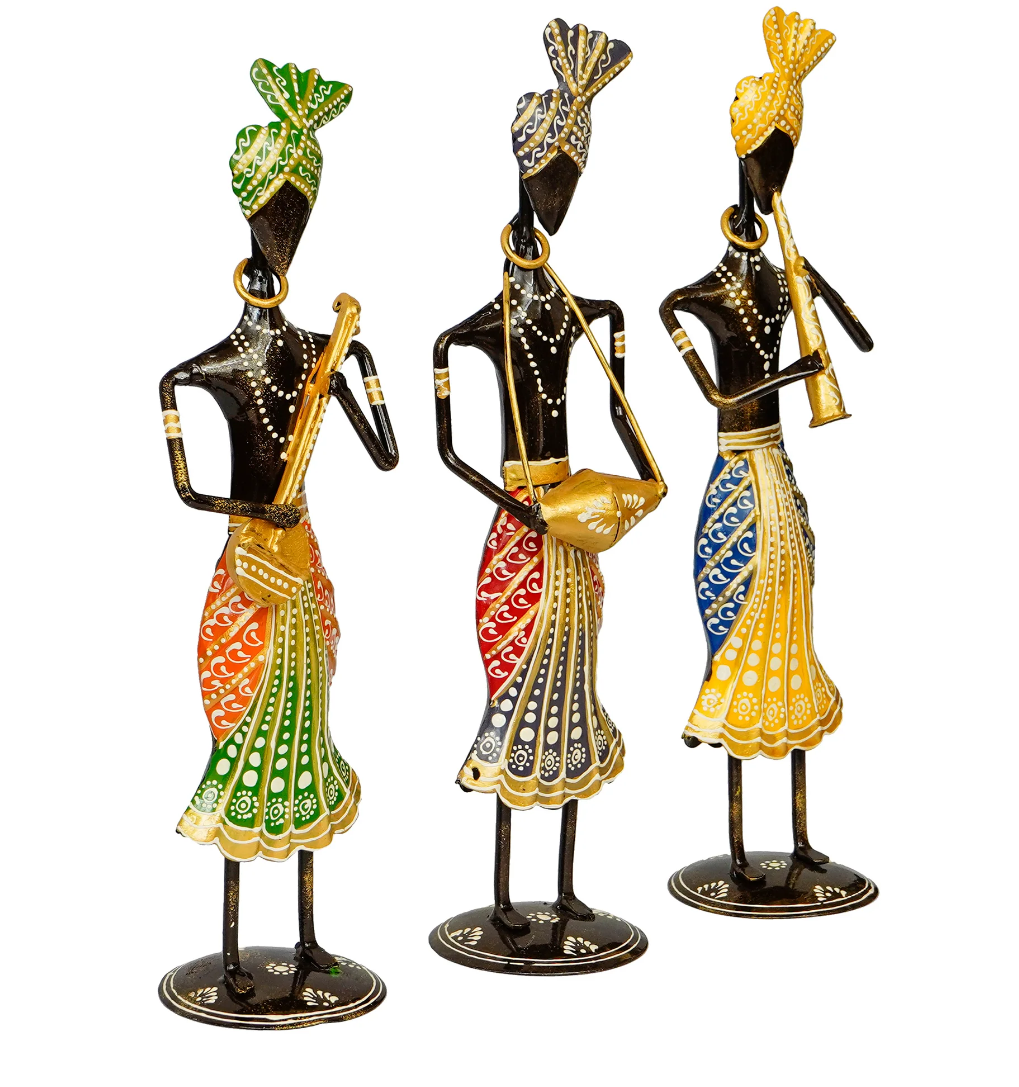 Handcrafted Rajasthani Iron Musician Set of 3 – Traditional Turbaned Folk Singers (13 Inch, Multicolor)