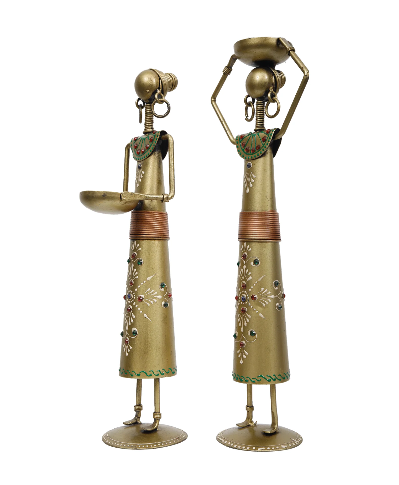 Title: Handcrafted Iron Tribal Lady Statues with Diya Holders (Set of 2) – 11-Inch Rustic Metal Home Decor