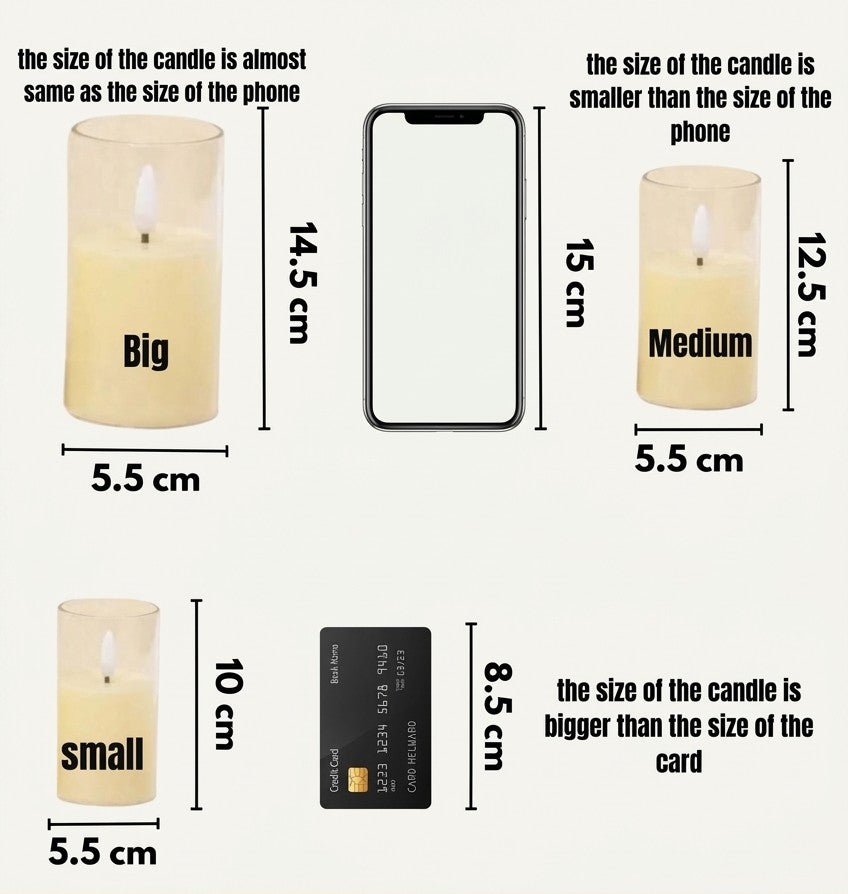 Set of 3 Flameless LED Pillar Candles in Clear Acrylic Glass – Flickering Battery Operated Warm White Lights (10cm, 12.5cm, 15cm)