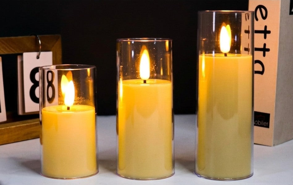 Set of 3 Flameless LED Pillar Candles in Clear Acrylic Glass – Flickering Battery Operated Warm White Lights (10cm, 12.5cm, 15cm)