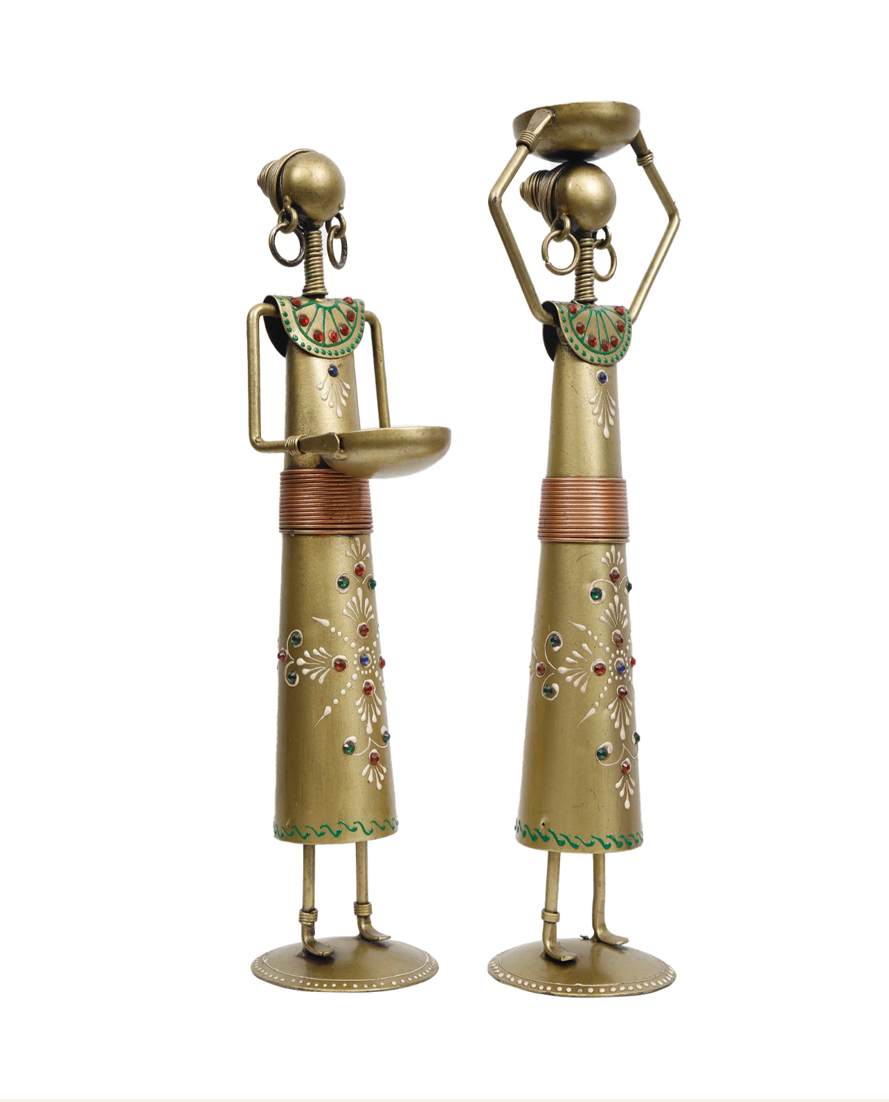 Title: Handcrafted Iron Tribal Lady Statues with Diya Holders (Set of 2) – 11-Inch Rustic Metal Home Decor