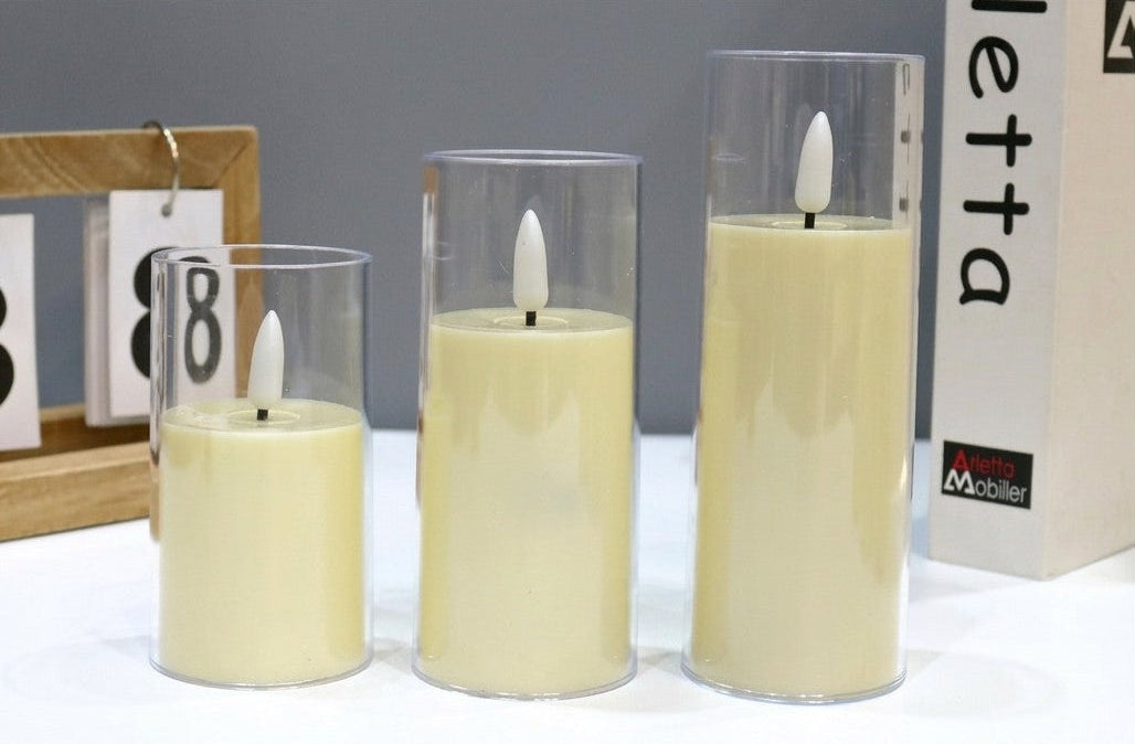Set of 3 Flameless LED Pillar Candles in Clear Acrylic Glass – Flickering Battery Operated Warm White Lights (10cm, 12.5cm, 15cm)