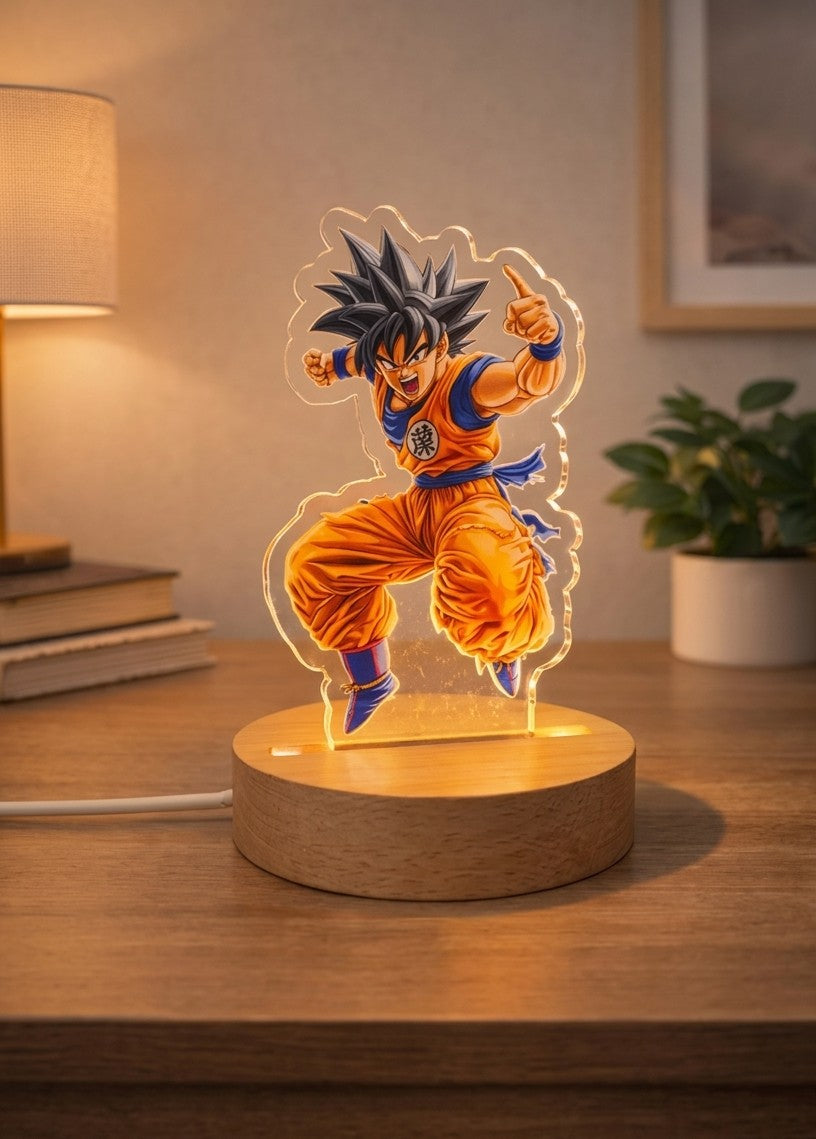 Goku Super Saiyan 3D Acrylic LED Night Light – Premium Wooden Base Edition