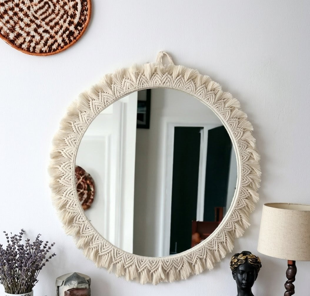 Handmade Macramé Wall Mirror - Round Boho Decorative Mirror for Living Room & Bedroom Decor