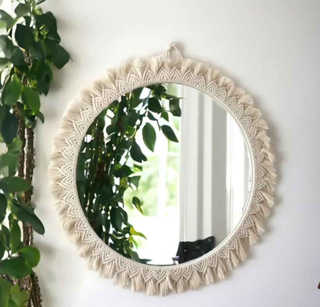 Handmade Macramé Wall Mirror - Round Boho Decorative Mirror for Living Room & Bedroom Decor