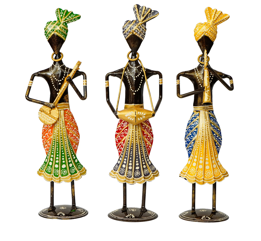 Handcrafted Rajasthani Iron Musician Set of 3 – Traditional Turbaned Folk Singers (13 Inch, Multicolor)