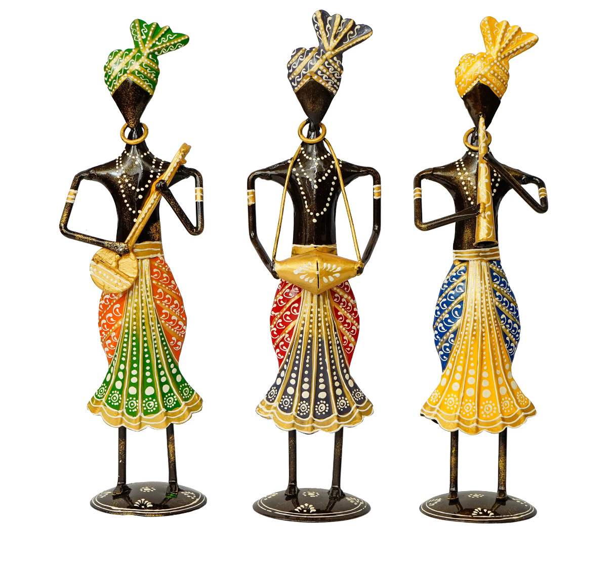 Handcrafted Rajasthani Iron Musician Set of 3 – Traditional Turbaned Folk Singers (13 Inch, Multicolor)