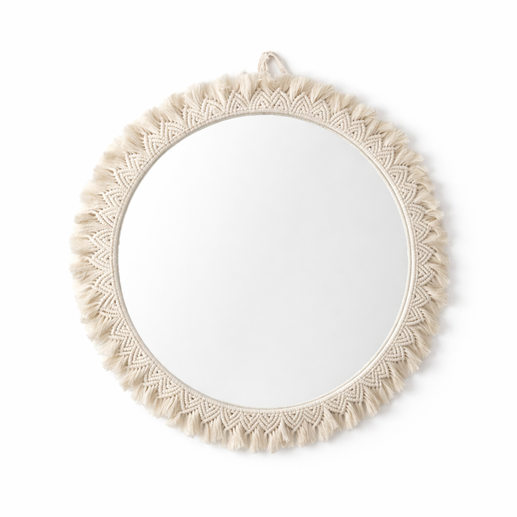 Handmade Macramé Wall Mirror - Round Boho Decorative Mirror for Living Room & Bedroom Decor