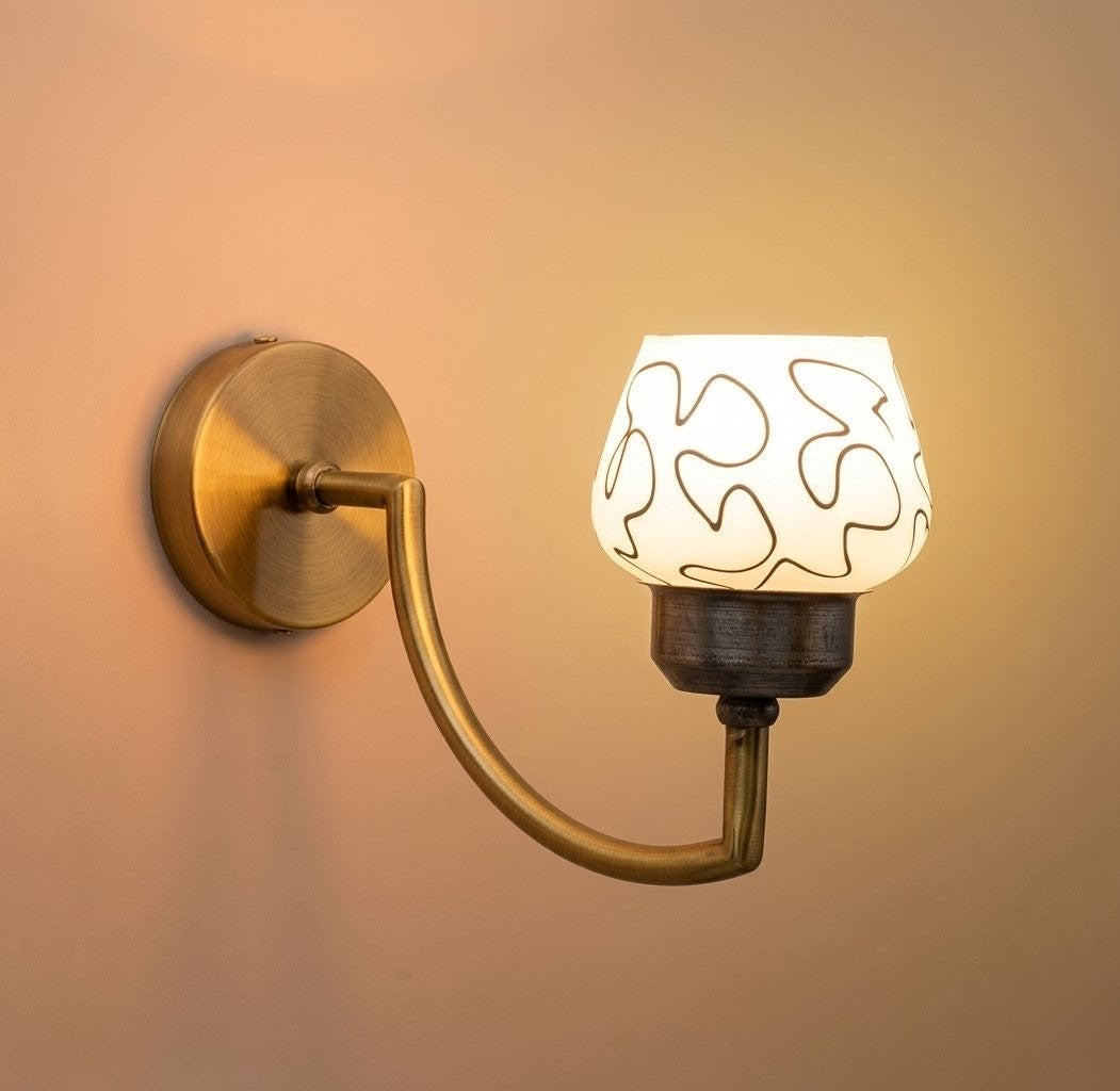 Modern Golden Curved Wall Sconce with Patterned Glass Shade