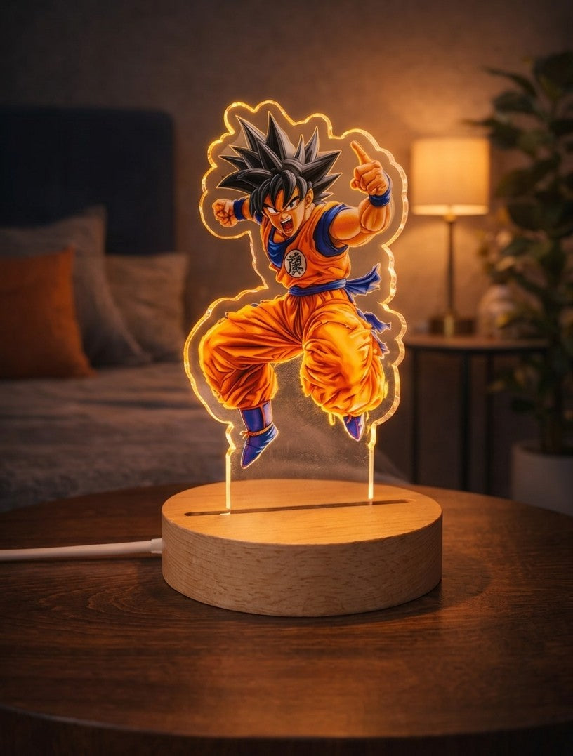Goku Super Saiyan 3D Acrylic LED Night Light – Premium Wooden Base Edition