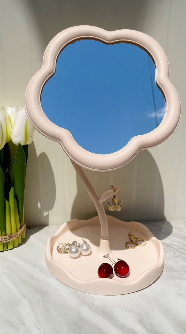 Blooming Beauty: Petal-Shaped Swivel Vanity Mirror & Jewelry Tray