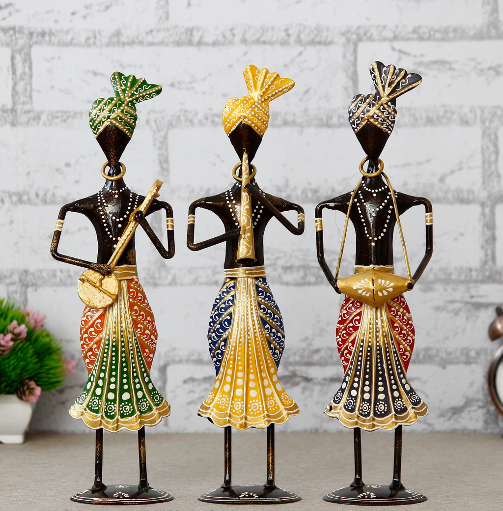 Handcrafted Rajasthani Iron Musician Set of 3 – Traditional Turbaned Folk Singers (13 Inch, Multicolor)