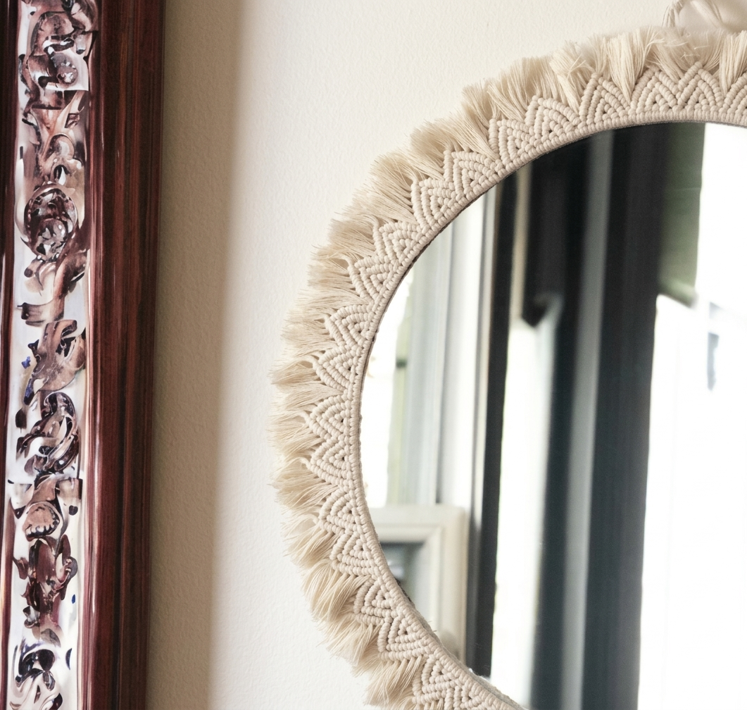 Handmade Macramé Wall Mirror - Round Boho Decorative Mirror for Living Room & Bedroom Decor